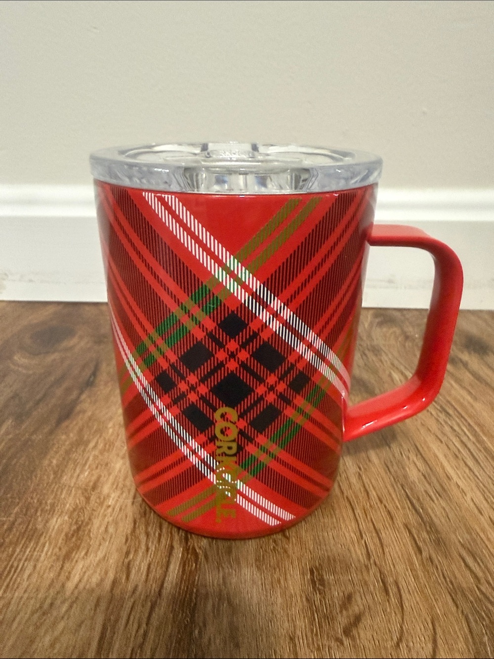 Corkcicle Red Plaid Insulated Mug with Clear Lid - New, Never Used